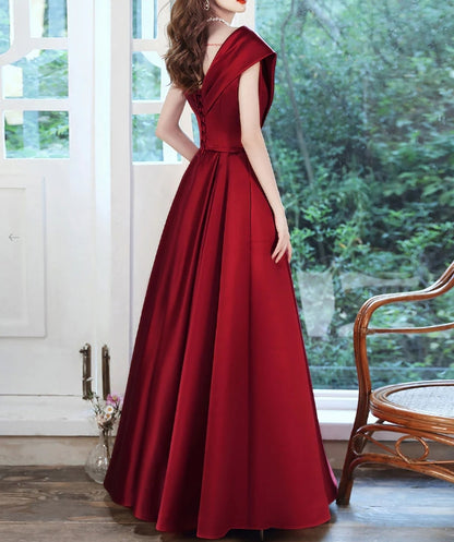Burgundy v neck satin long prom dress burgundy prom dress