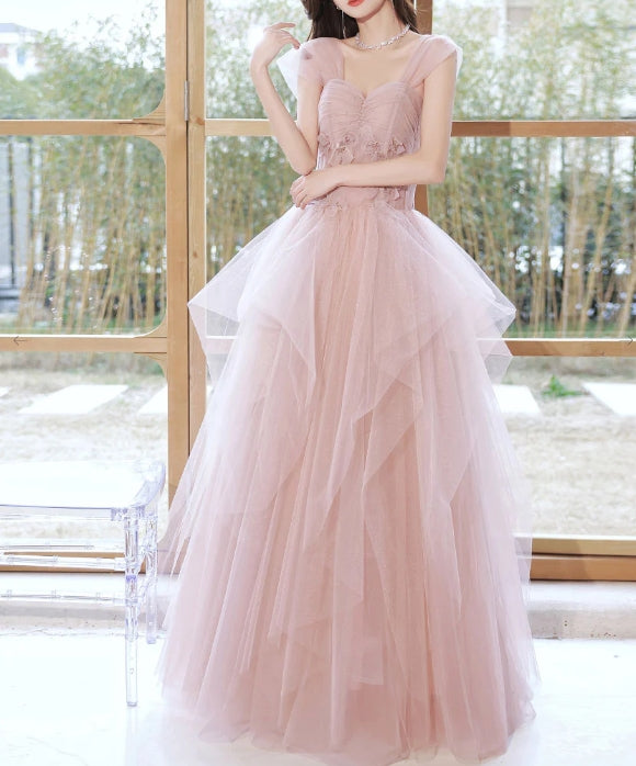 Pink tulle off shoulder long prom dress pink tulle prom dress