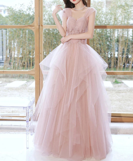 Pink tulle off shoulder long prom dress pink tulle prom dress
