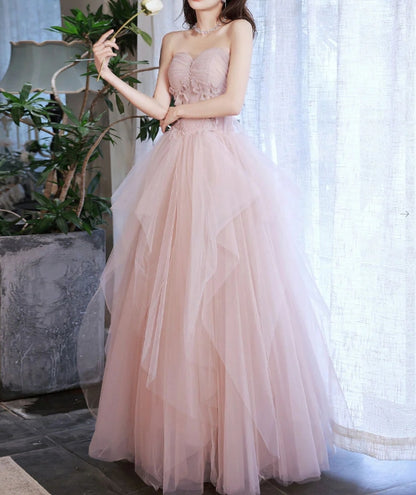 Pink tulle off shoulder long prom dress pink tulle prom dress