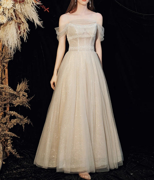 Champagne tulle sequin long prom dress tulle formal prom dress