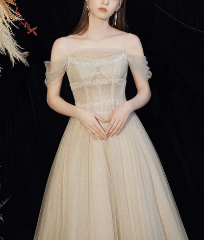 Champagne tulle sequin long prom dress tulle formal prom dress