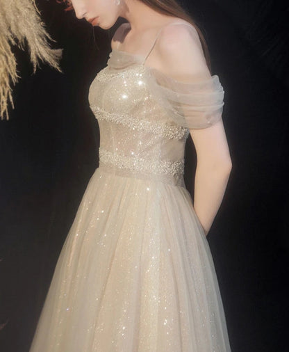 Champagne tulle sequin long prom dress tulle formal prom dress