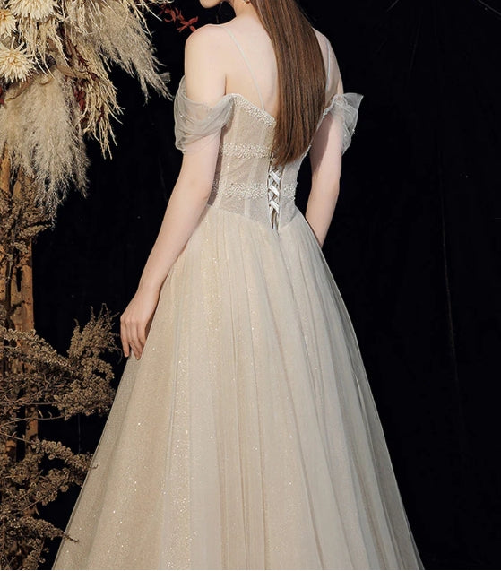 Champagne tulle sequin long prom dress tulle formal prom dress