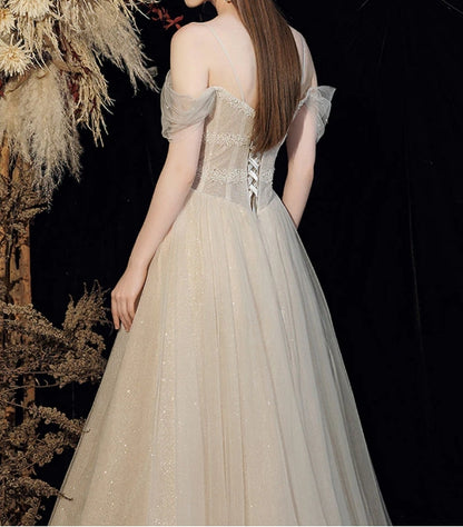 Champagne tulle sequin long prom dress tulle formal prom dress