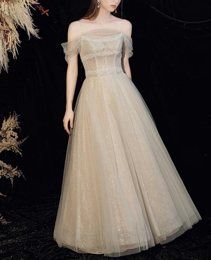 Champagne tulle sequin long prom dress tulle formal prom dress