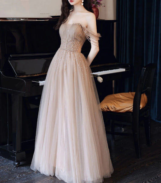 Champagne tulle beads A line long prom dress champagne prom dress