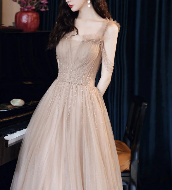 Champagne tulle beads A line long prom dress champagne prom dress