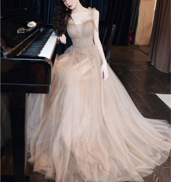 Champagne tulle beads A line long prom dress champagne prom dress
