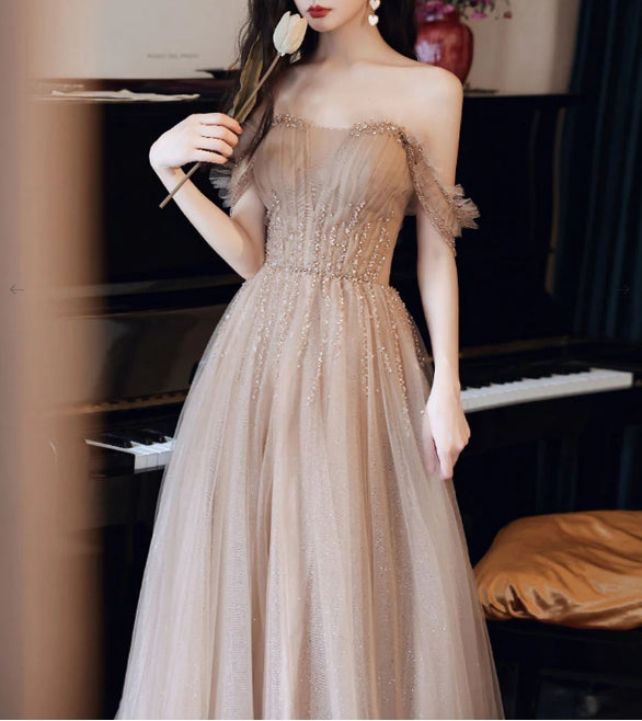 Champagne tulle beads A line long prom dress champagne prom dress