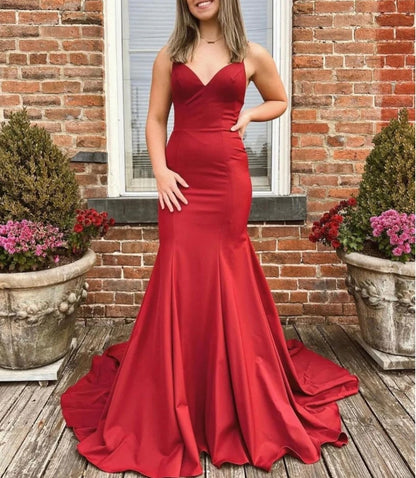 V neck satin burgundy long prom dress prom dress