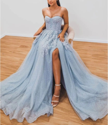 Gray blue tulle sequin long prom dress gray blue tulle prom dress