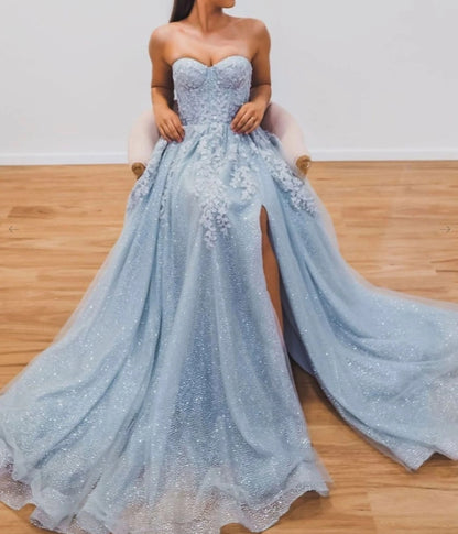 Gray blue tulle sequin long prom dress gray blue tulle prom dress