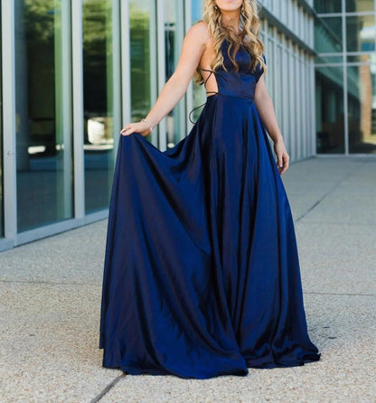 Simple blue satin long prom dress blue backless prom dress