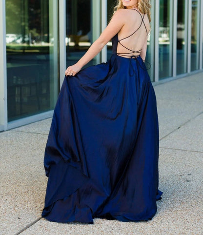 Simple blue satin long prom dress blue backless prom dress