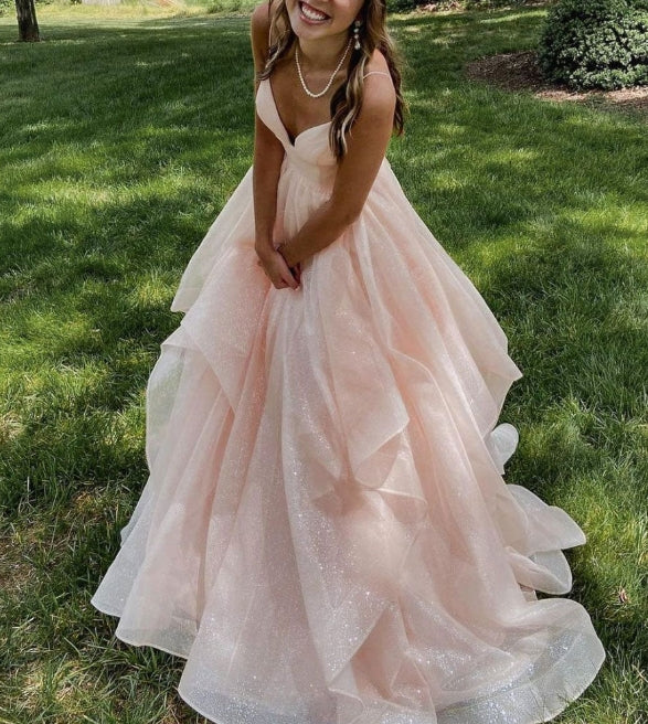 Pink v neck tulle long prom dress pink tulle formal prom dress