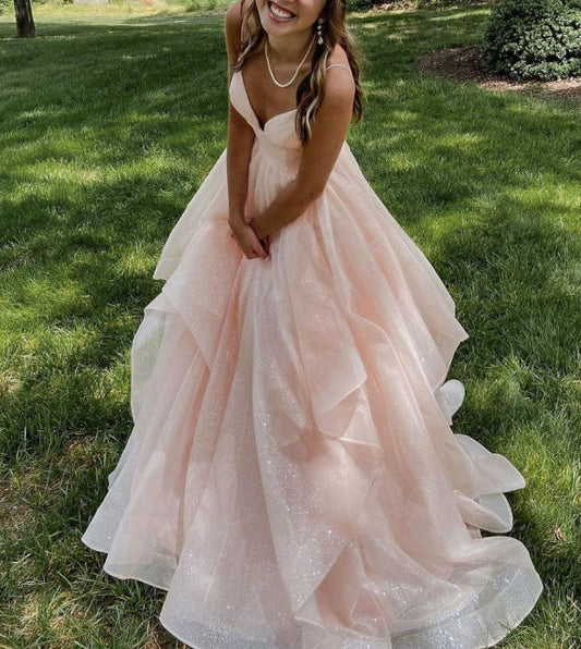 Pink v neck tulle long prom dress pink tulle formal prom dress