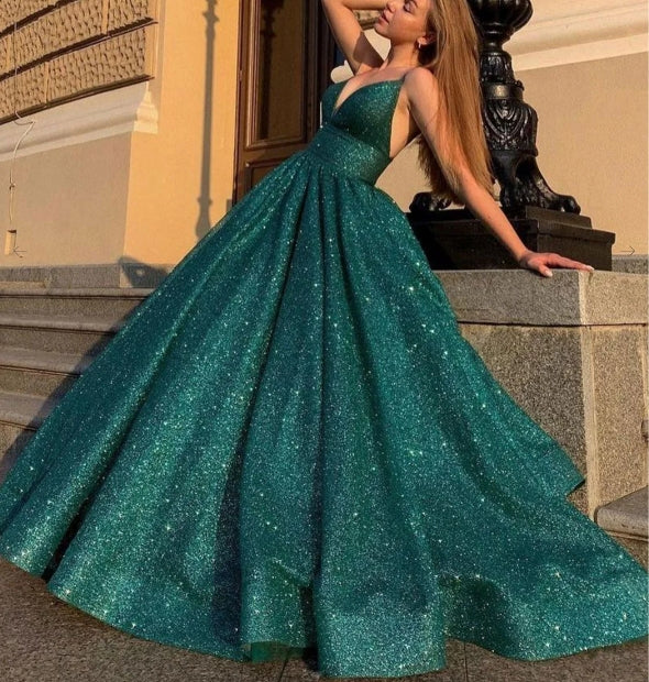 Green v neck sequin long prom dress green formal prom dress