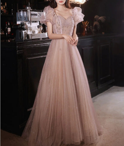Flesh pink tulle long prom dress  tulle pink prom dress