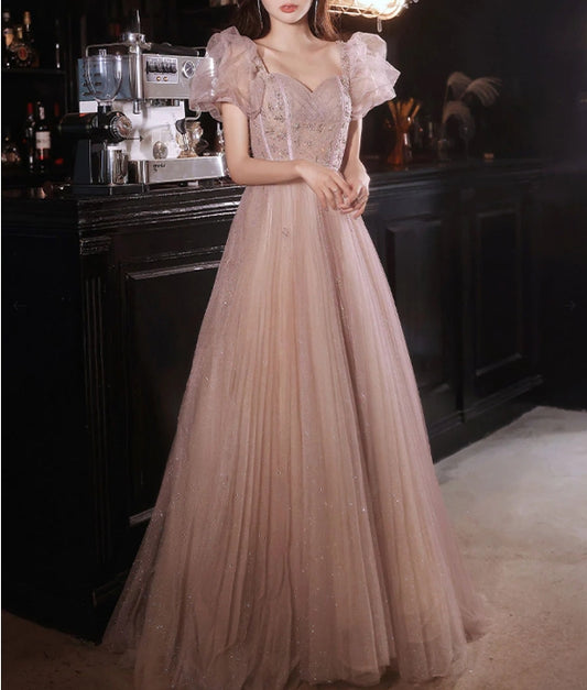 Flesh pink tulle long prom dress  tulle pink prom dress