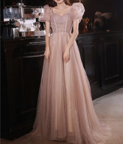 Flesh pink tulle long prom dress  tulle pink prom dress