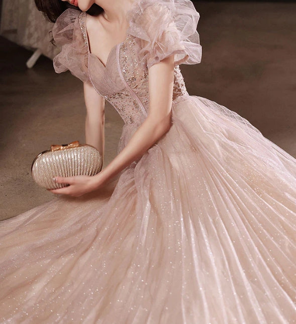 Flesh pink tulle long prom dress  tulle pink prom dress
