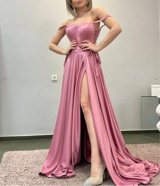 Simple A line satin long pink prom dress pink prom dress