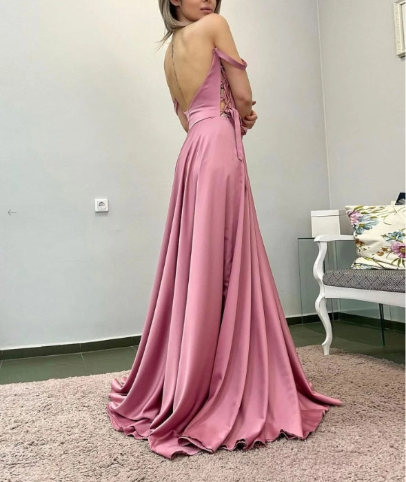 Simple A line satin long pink prom dress pink prom dress