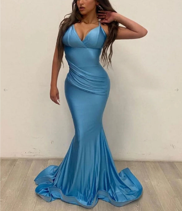 Simple blue satin mermaid long prom dress blue prom dress