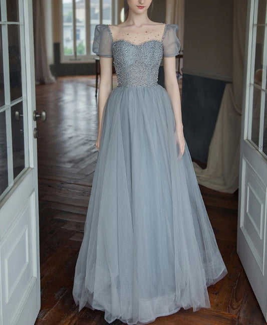 Gray tulle beads long prom dress tulle long sweet