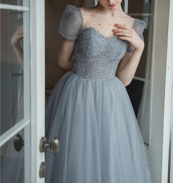 Gray tulle beads long prom dress tulle long sweet