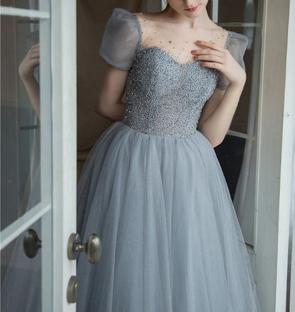 Gray tulle beads long prom dress tulle long sweet