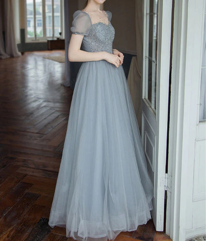 Gray tulle beads long prom dress tulle long sweet