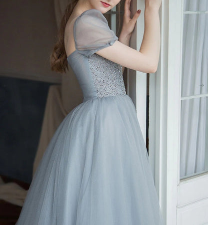 Gray tulle beads long prom dress tulle long sweet