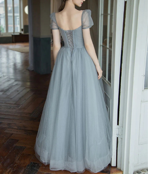 Gray tulle beads long prom dress tulle long sweet