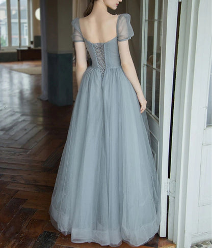 Gray tulle beads long prom dress tulle long sweet