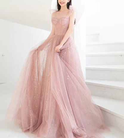 Pink A line tulle long prom dress pink tulle formal prom dress