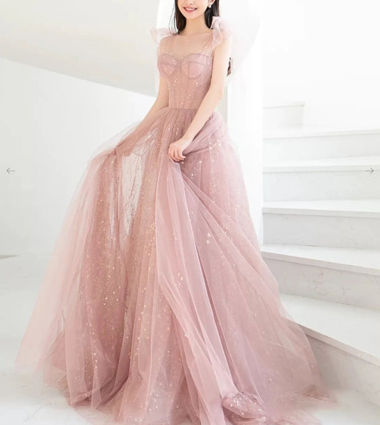 Pink A line tulle long prom dress pink tulle formal prom dress