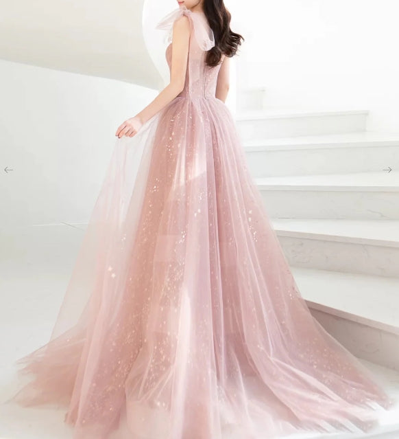 Pink A line tulle long prom dress pink tulle formal prom dress