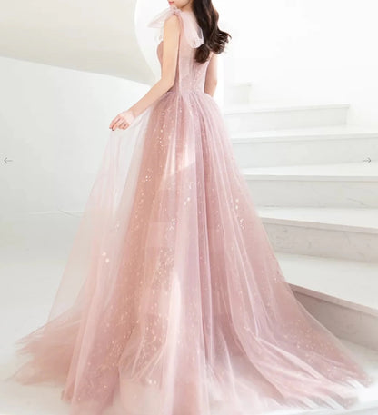 Pink A line tulle long prom dress pink tulle formal prom dress