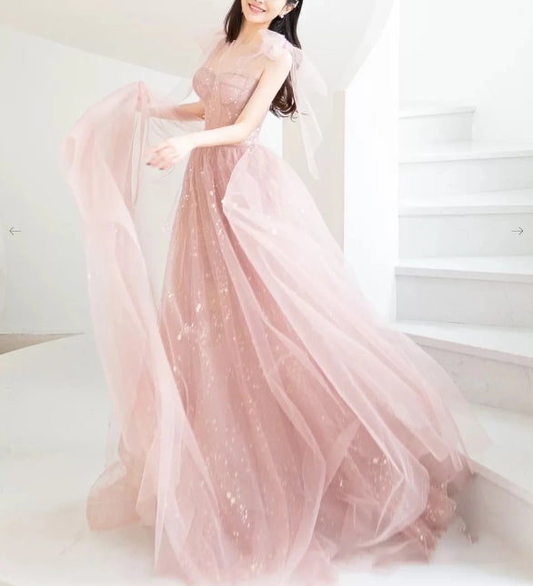 Pink A line tulle long prom dress pink tulle formal prom dress