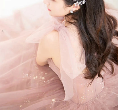 Pink A line tulle long prom dress pink tulle formal prom dress