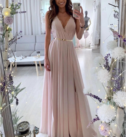 Simple v neck chiffon pink long prom dress A line prom dress
