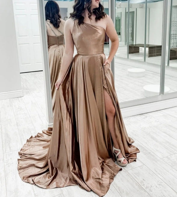 Simple one shoulder satin long prom dress  champagne prom dress