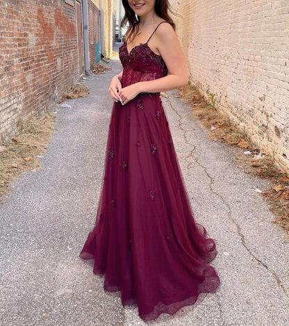 Burgundy tulle A line long prom dress burgundy prom dress