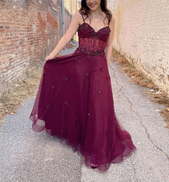 Burgundy tulle A line long prom dress burgundy prom dress