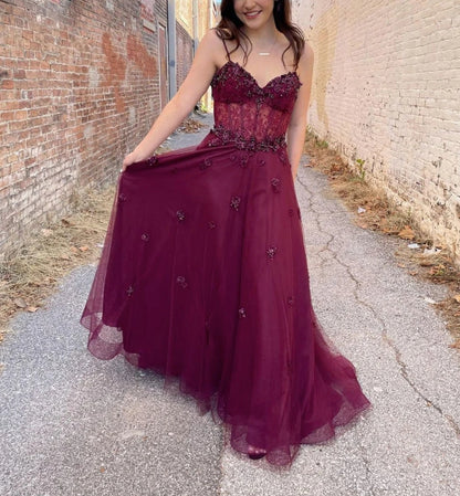 Burgundy tulle A line long prom dress burgundy prom dress