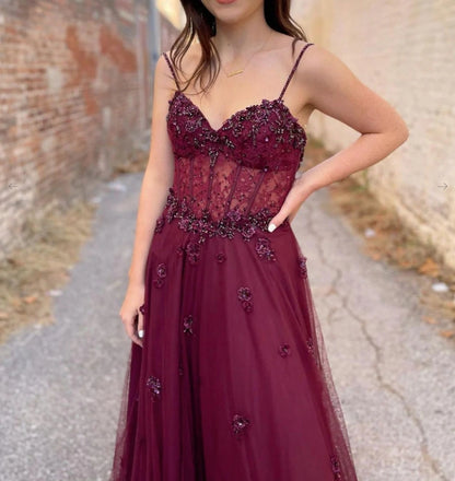 Burgundy tulle A line long prom dress burgundy prom dress