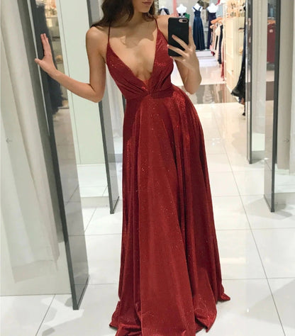 Simple v neck A line long prom dress burgundy prom dress