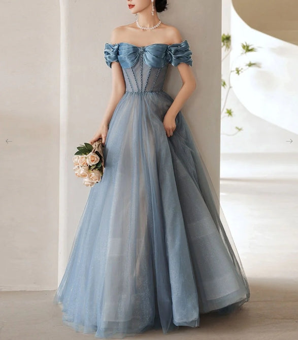Blue off shoulder satin long prom dress blue satin prom dress